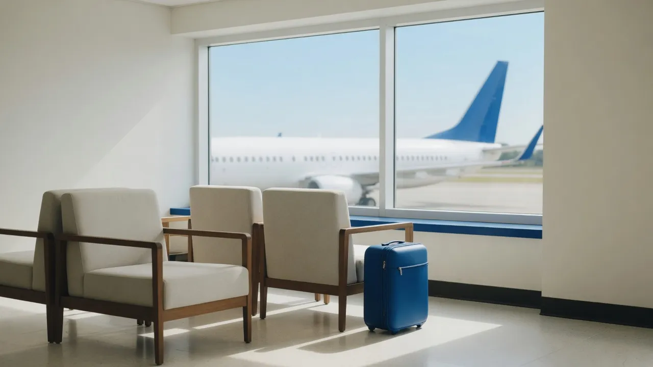 An airport lounge with chairs by the window and a plane waiting outside