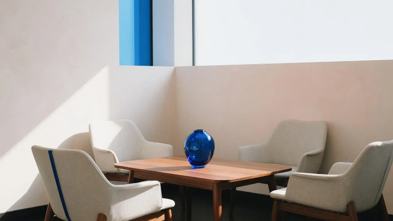 A bright lobby nook with three armchairs around a low table